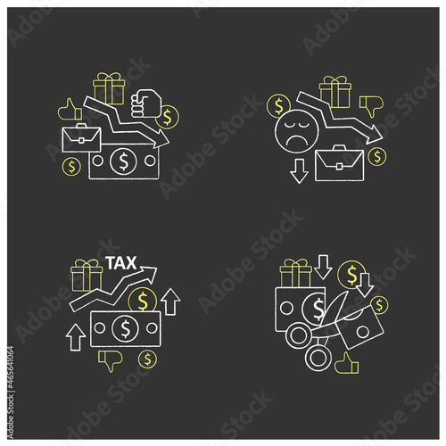 Universal basic income chalk icons set. Higher tax, less spending, reduce work motivation, low wages. Inequality and inflation. Isolated vector illustrations on chalkboard