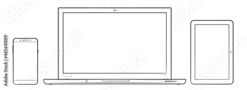 Laptop, smartphone and tablet vector stock illustration - black and white image.