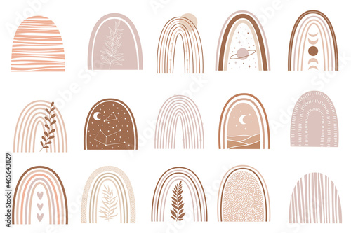 Vector hand drawn boho clipart for nursery decoration with bohemian rainbows, moon, stars. Doodle modern illustration. Perfect for baby shower, birthday, children's party