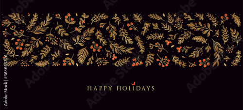 Golden horizontal Christmas, Holiday border with ornate floral motives and greetings. Universal modern line art florals. Merry xmas header or banner. Wallpaper or backdrop decor.
