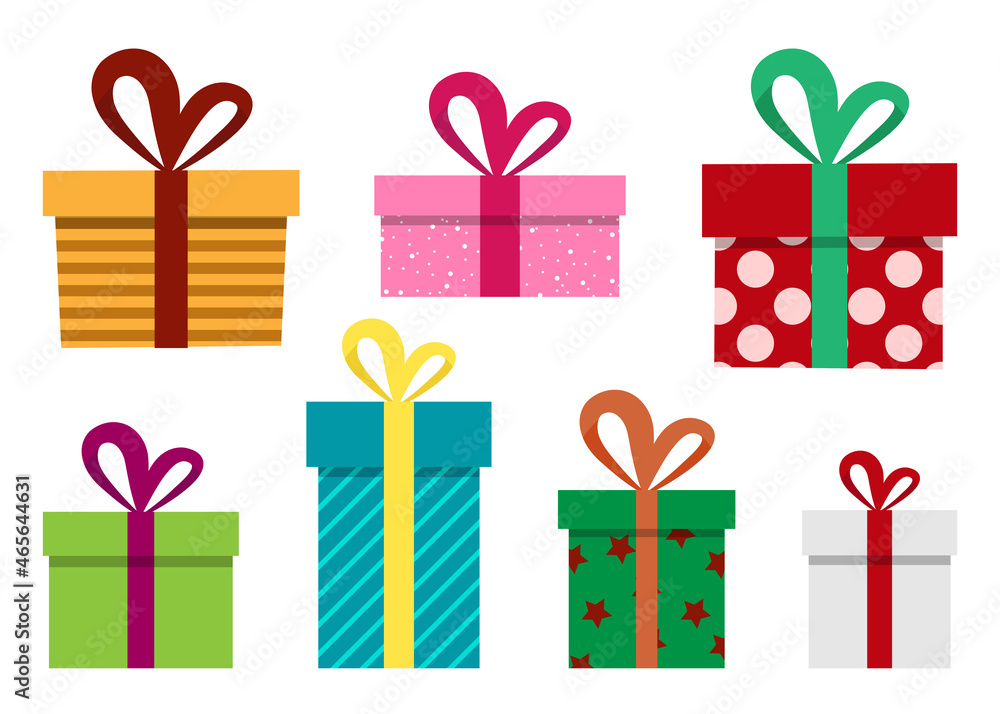 Gift boxes, presents isolated on white. Colorful wrapped. Sale, shopping concept. Collection for Birthday, Christmas. For Vector Cartoon flat design Gift boxes, presents isolated on white. Colorful wrapped. Sale, shopping concept. Collection for Birthday, Christmas. For Vector Cartoon flat design