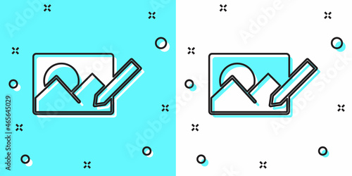 Black line Photo retouching icon isolated on green and white background. Photographer, photography, retouch icon. Random dynamic shapes. Vector
