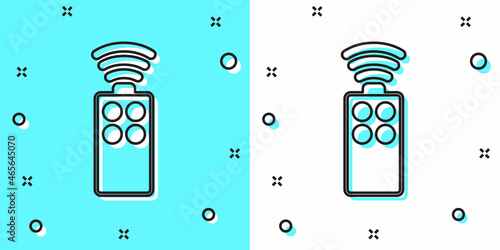 Black line Remote control for the camera icon isolated on green and white background. An auxiliary device that allows you to work with a camera from a distance. Random dynamic shapes. Vector