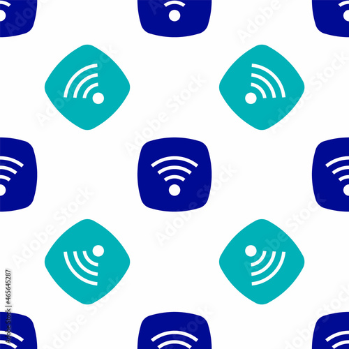 Blue Wi-Fi wireless internet network symbol icon isolated seamless pattern on white background. Vector