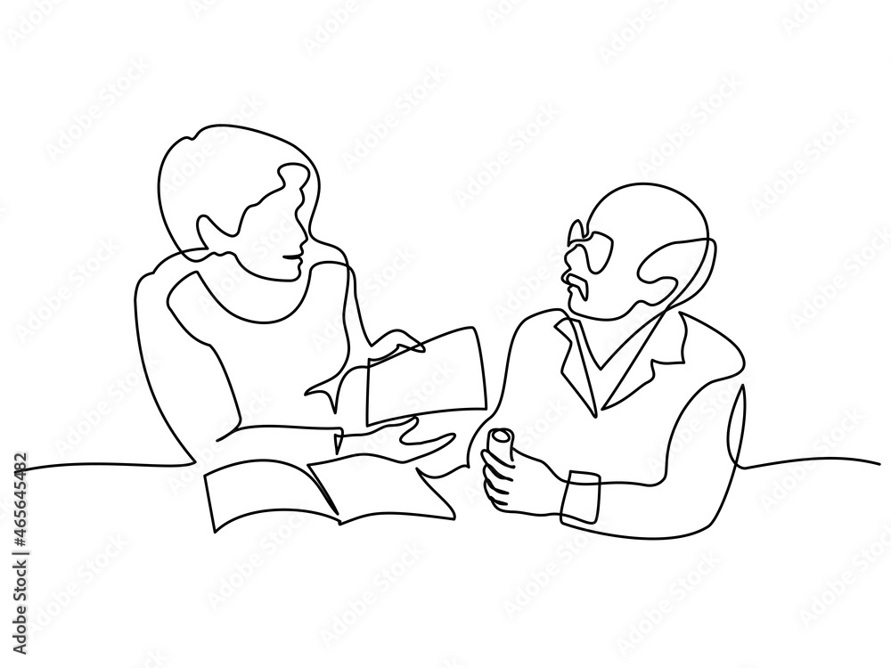 Doctor explains to patient how take medicine. Continuous One line drawing Doctor explains to patient how take medicine. Continuous One line drawing