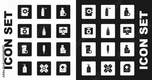 Set Bottle of medicine syrup, nasal spray, First aid kit, Medical clipboard, Monitor with cardiogram, nozzle, and Medicine bottle icon. Vector