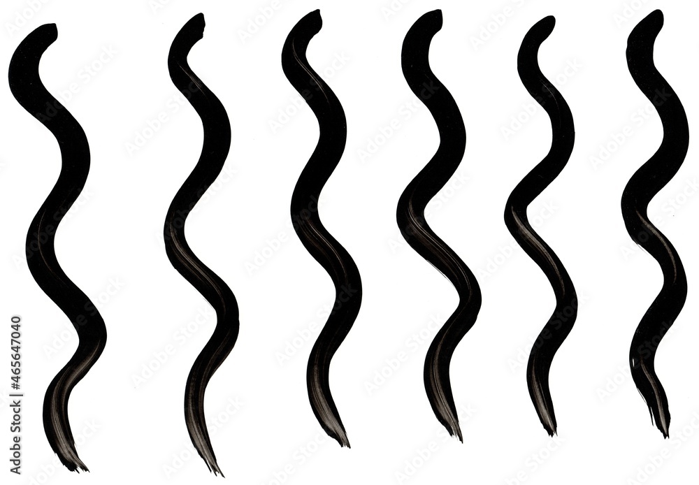 Black paint curved brush strokes made of watercolor on paper.