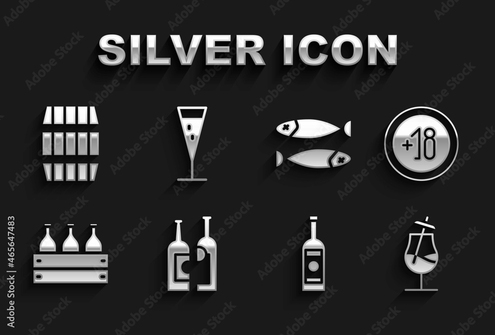 Set Bottles of wine, Alcohol 18 plus, Cocktail, Glass bottle vodka, wooden box, Dried fish, Wooden barrel and champagne icon. Vector Set Bottles of wine, Alcohol 18 plus, Cocktail, Glass bottle vodka, wooden box, Dried fish, Wooden barrel and champagne icon. Vector