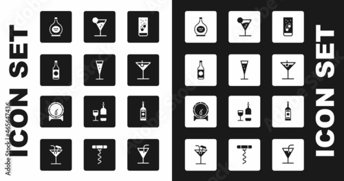 Set Effervescent tablets in water, Glass of champagne, Beer bottle, Bottle cognac or brandy, Martini glass, vodka and Wooden barrel on rack icon. Vector