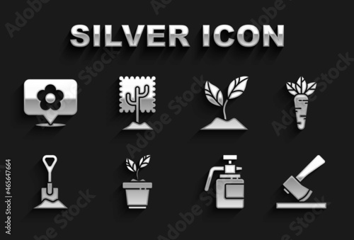 Set Plant in pot, Carrot, Wooden axe, Garden sprayer for fertilizer, Shovel the ground, Location with flower and Tree icon. Vector