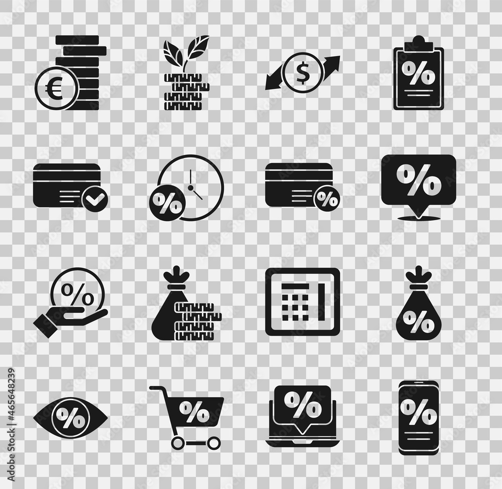 Set Percent discount and mobile, Money bag with percent, Discount tag, Financial growth dollar, Clock, Credit card, Coin money euro symbol and icon. Vector Set Percent discount and mobile, Money bag with percent, Discount tag, Financial growth dollar, Clock, Credit card, Coin money euro symbol and icon. Vector