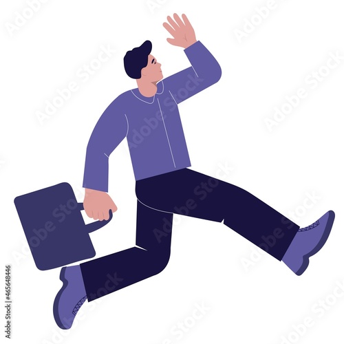 Business man with briefcase running fast. Vector flat illustration.