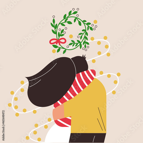 Young couple kissing and hugging under mistletoe branch at home on Christmas eve. Man and woman stands under mistletoe wreath. Christmas tradition flat vector cartoon illustration for greeting card