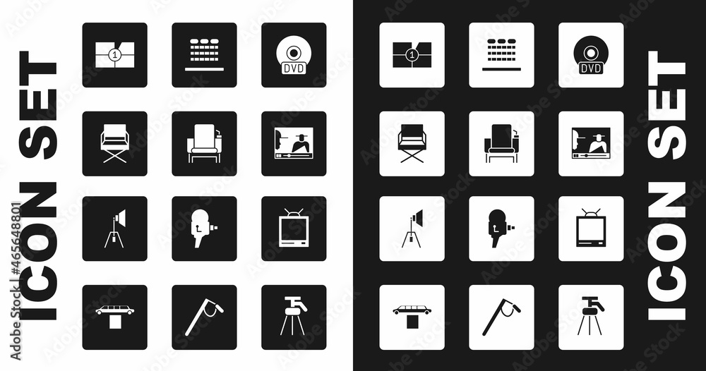 Set CD or DVD disk, Cinema chair, Director movie, Old film countdown frame, Online play video, auditorium with seats, Retro tv and Movie spotlight icon. Vector Set CD or DVD disk, Cinema chair, Director movie, Old film countdown frame, Online play video, auditorium with seats, Retro tv and Movie spotlight icon. Vector