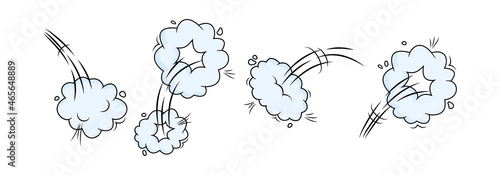 Comic speed vector blue clouds. Catroon motion puff effect explosion bubbles, jumps with smoke or dust. Fun onomatopoeia illustration