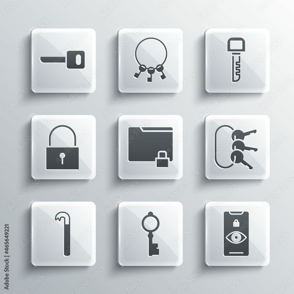 Set Old key, Eye scan, Bunch of keys, Folder and lock, Crowbar, Lock, Key and icon. Vector Set Old key, Eye scan, Bunch of keys, Folder and lock, Crowbar, Lock, Key and icon. Vector