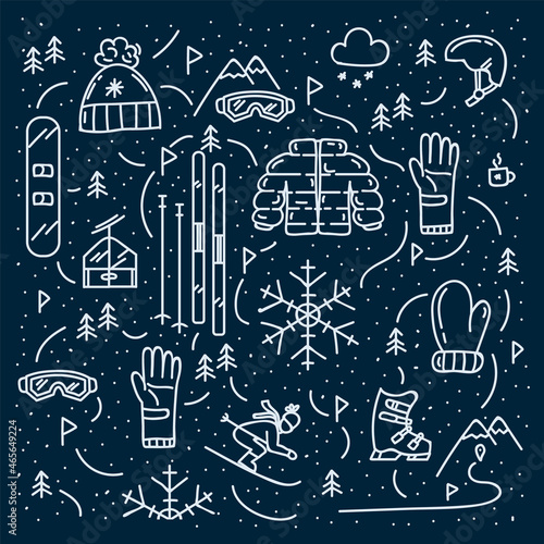 Background snowboarding and skiing. Icons in the circle of the doodle pattern of winter mountain sports. Linear winter background for a postcard. Vector illustration