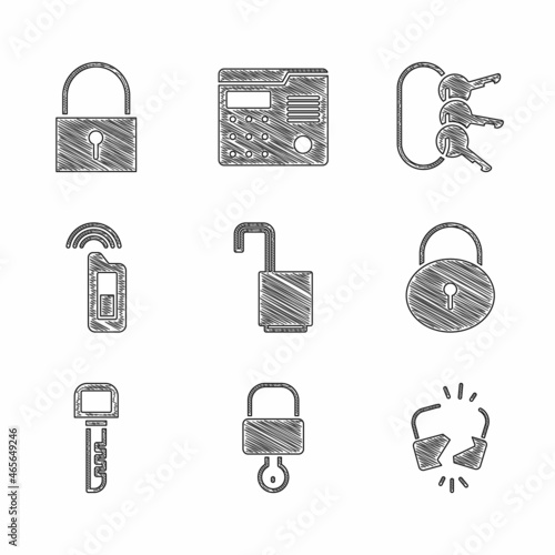 Set Open padlock, Lock and key, Broken or cracked, Key, Car with remote, Bunch of keys and icon. Vector