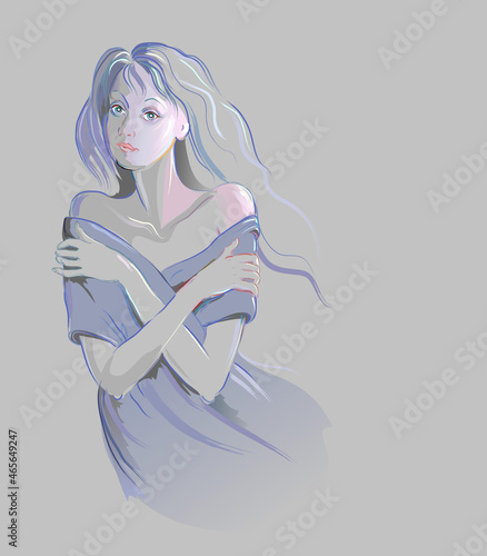 Winter freeze. Drawing of a young woman who is cold in winter. Sketch of girl on grey paper background. Imitation of gouache painting. Vector image. Isolated artistic illustration.