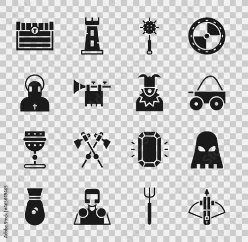 Set Battle crossbow with arrow, Executioner mask, Wooden four-wheel cart, Medieval chained mace ball, Trumpet flag, Monk, Antique treasure chest and Joker head icon. Vector