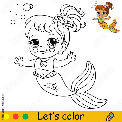 Cartoon cute and funny mermaid with bubbles coloring