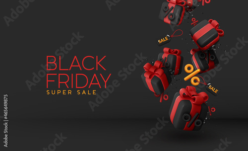 Black Friday Sale. Black Gift boxes red bow color falling with percent symbols. Festive advertising background for Christmas and New Year. Holiday banner, web poster. Realistic 3d Vector illustration