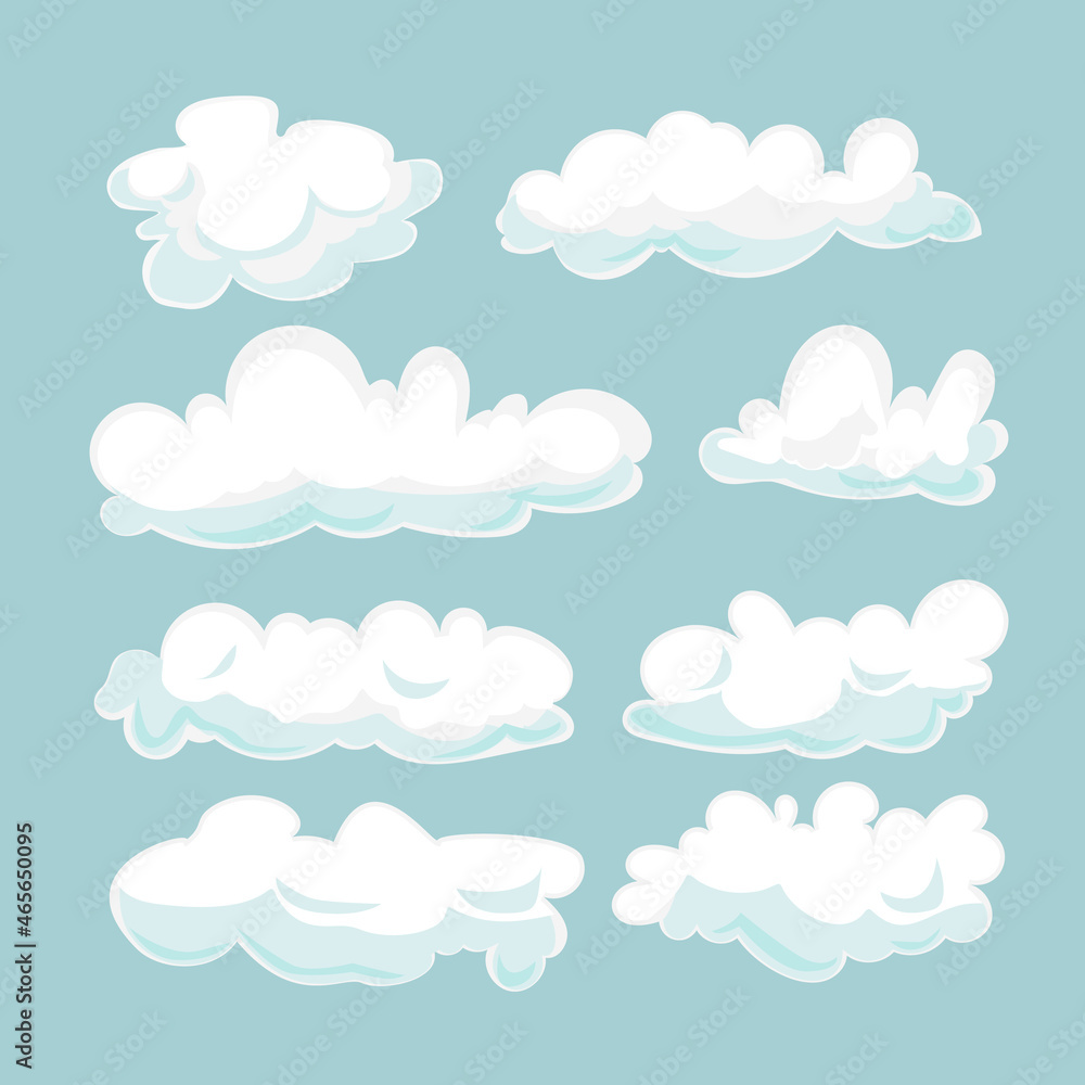 Cartoon clouds set isolated on blue background. Cloudscape in blue sky, white cloud vector illustration.