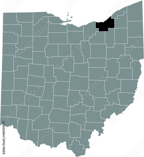 Black highlighted location map of the Cuyahoga County inside gray administrative map of the Federal State of Ohio  USA