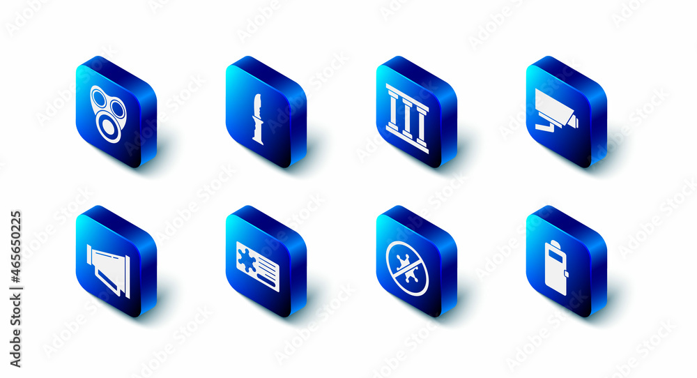 Set Military knife, Prison window, Security camera, Police assault shield, Protest, badge, Megaphone and Gas mask icon. Vector Set Military knife, Prison window, Security camera, Police assault shield, Protest, badge, Megaphone and Gas mask icon. Vector