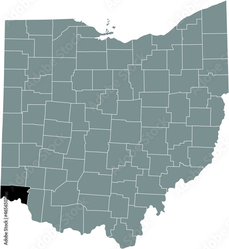 Black highlighted location map of the Hamilton County inside gray administrative map of the Federal State of Ohio, USA