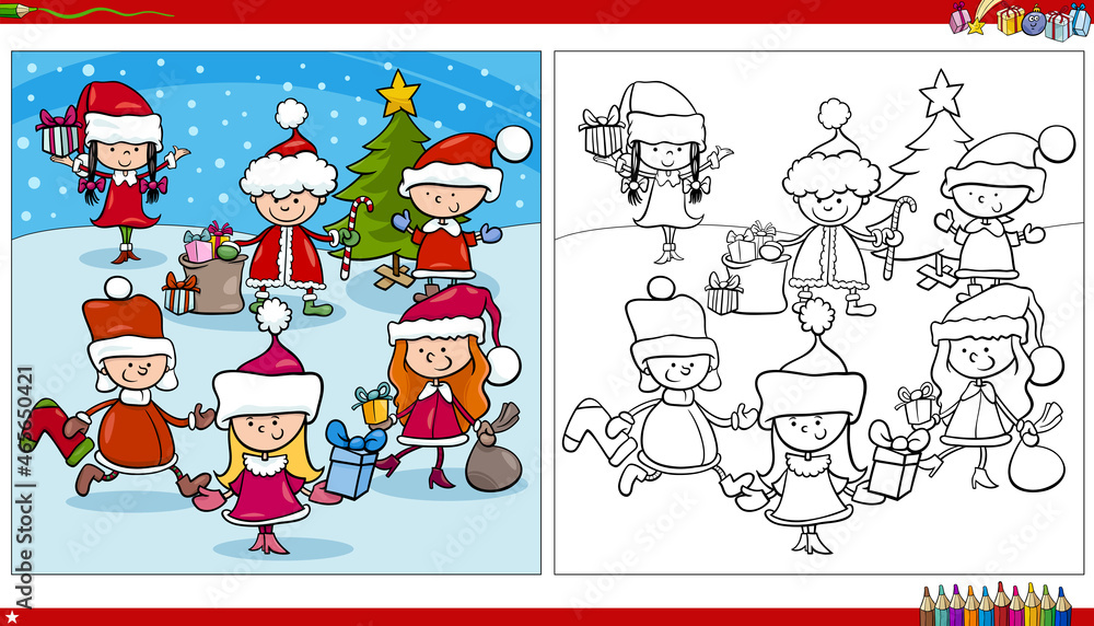 children in Santa Claus costumes on Christmas coloring book page children in Santa Claus costumes on Christmas coloring book page