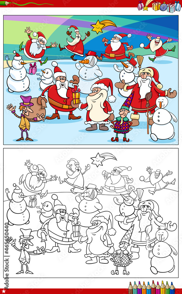 cartoon Christmas characters group coloring book page