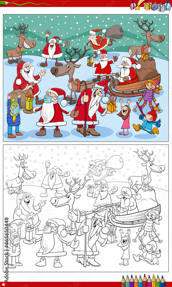 cartoon Santa Claus Christmas characters group coloring book page