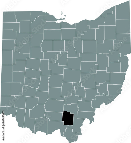 Black highlighted location map of the Jackson County inside gray administrative map of the Federal State of Ohio  USA