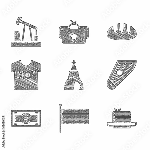 Set The Tsar bell, National Russia flag, Medovik, Kankles, Russian ruble banknote, USSR t-shirt, Bread loaf and Oil pump or pump jack icon. Vector