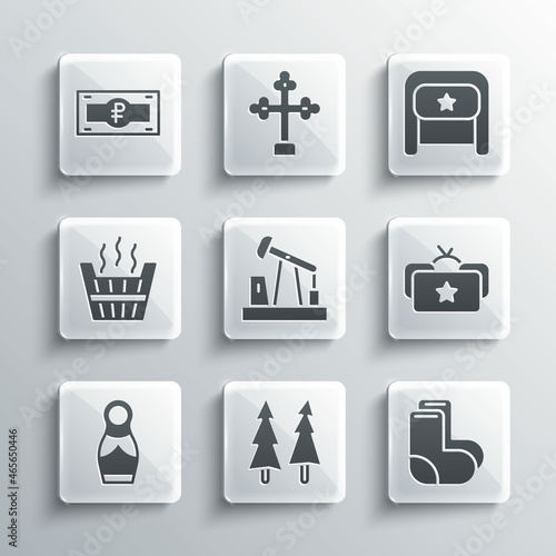 Set Christmas tree, Valenki, Ushanka, Oil pump or pump jack, Russian doll matryoshka, Sauna bucket, ruble banknote and icon. Vector