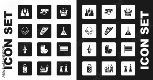 Set Sauna bucket, Kankles, Russian bagels, Church building, Balalaika, Cannon, National flag and Rocket ship icon. Vector