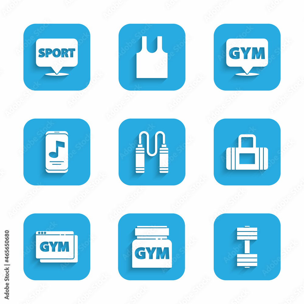 Set Jump rope, Sports nutrition, Dumbbell, bag, Online fitness and training, Music player, Location gym and icon. Vector Set Jump rope, Sports nutrition, Dumbbell, bag, Online fitness and training, Music player, Location gym and icon. Vector