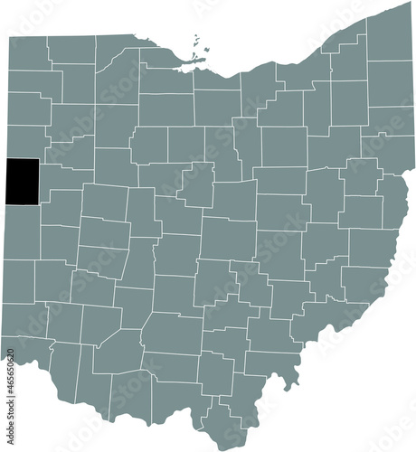 Black highlighted location map of the Mercer County inside gray administrative map of the Federal State of Ohio, USA