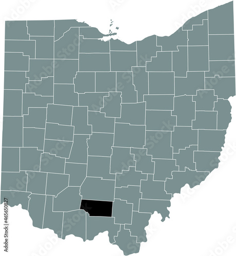 Black highlighted location map of the Pike County inside gray administrative map of the Federal State of Ohio, USA