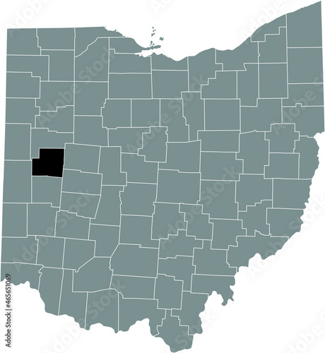 Black highlighted location map of the Shelby County inside gray administrative map of the Federal State of Ohio, USA