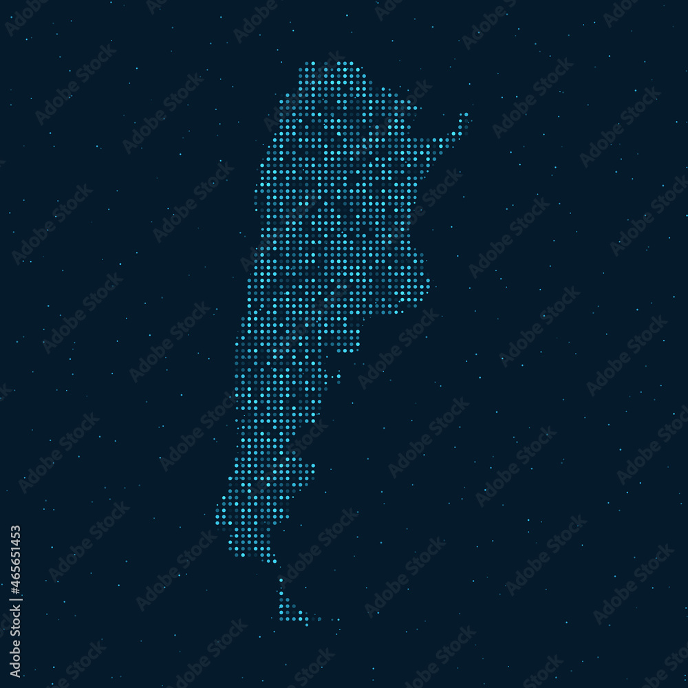 Abstract Dotted Halftone with starry effect in dark Blue background with map of Argentina. Digital dotted technology design sphere and structure. vector illustration