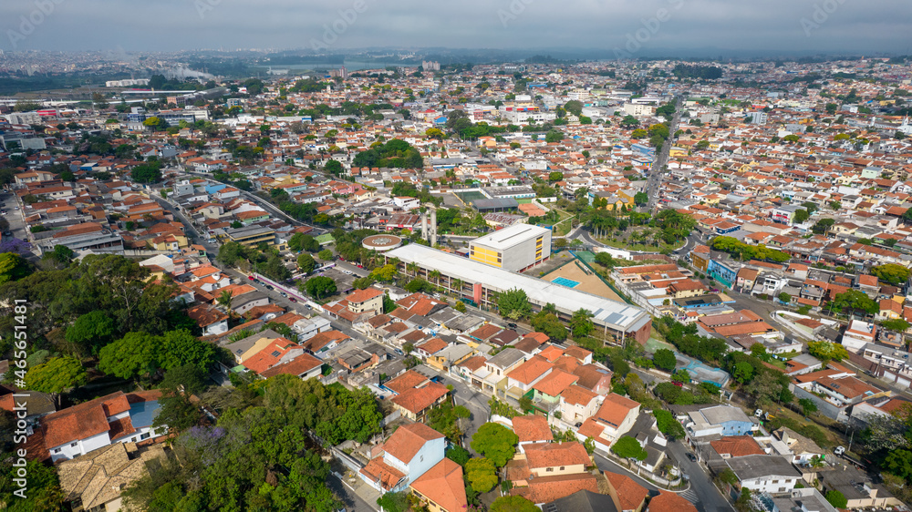 Aerial view of the Interlagos district. Beautiful houses and a view of the Guarapiranga dam
