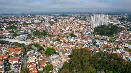 Fototapeta Naklejka Na Ścianę i Meble -  Aerial view of the Interlagos district. Beautiful houses and a view of the Guarapiranga dam