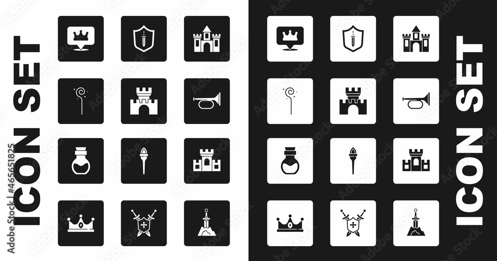 Set Castle, fortress, Magic staff, Location king crown, Trumpet, Medieval shield with sword, and Poison bottle icon. Vector Set Castle, fortress, Magic staff, Location king crown, Trumpet, Medieval shield with sword, and Poison bottle icon. Vector