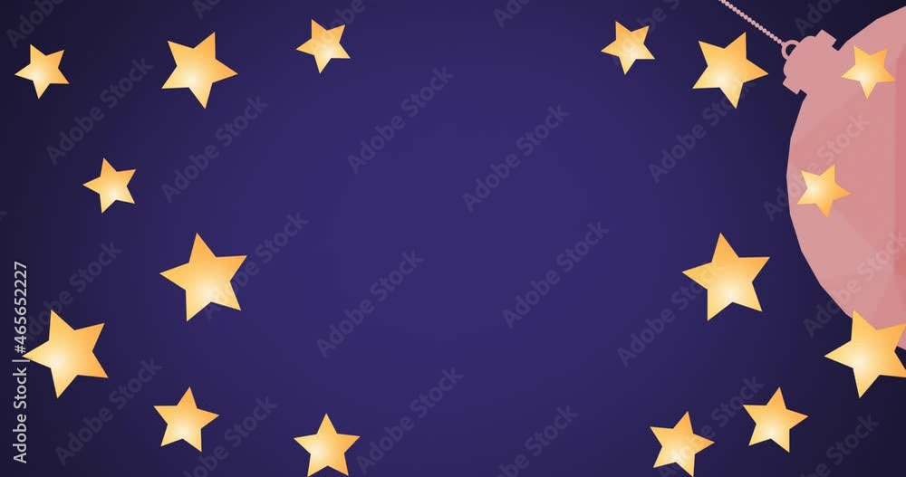 Animation of stars and christmas bauble over dark blue background Animation of stars and christmas bauble over dark blue background