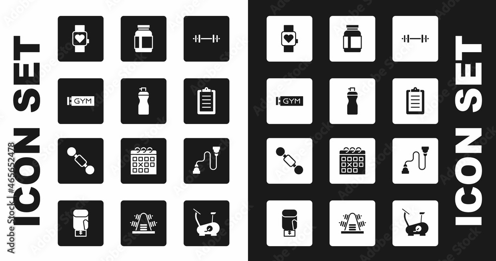 Set Barbell, Fitness shaker, Location gym, Smart watch, Sport training program, Sports nutrition, Chest expander and Dumbbell icon. Vector Set Barbell, Fitness shaker, Location gym, Smart watch, Sport training program, Sports nutrition, Chest expander and Dumbbell icon. Vector