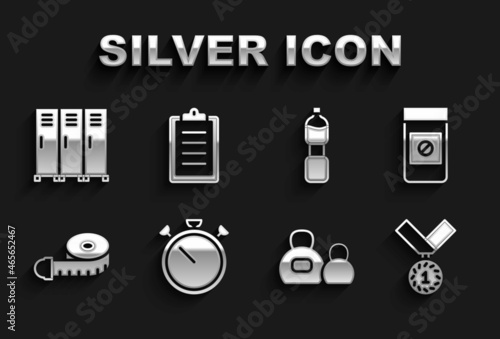 Set Stopwatch, Anabolic drugs, Medal, Kettlebell, Tape measure, Bottle of water, Locker or changing room and Sport training program icon. Vector