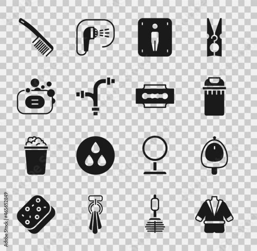 Set Bathrobe, Toilet urinal or pissoir, Trash can, Male toilet, Industry metallic pipe, Bar of soap, Hairbrush and Blade razor icon. Vector
