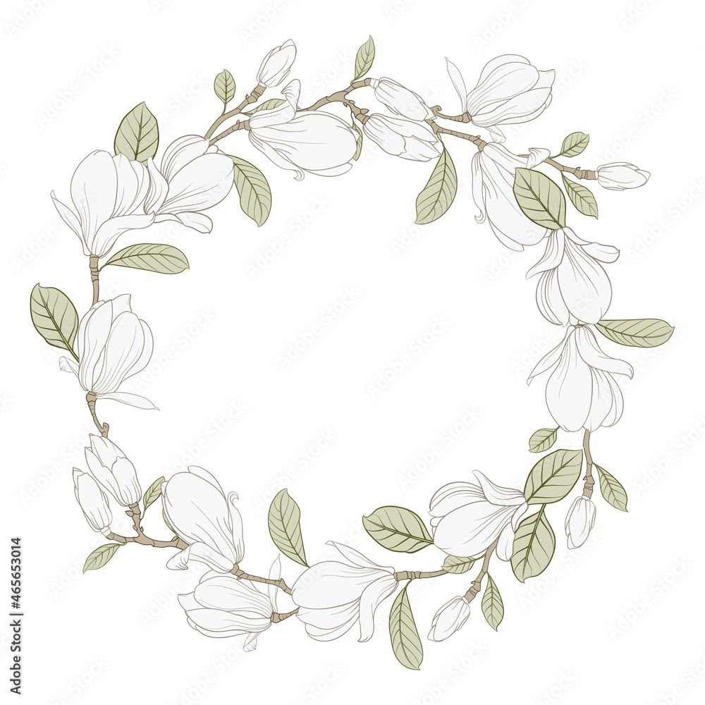 Round wreath of magnolia in black and white. Frame made of spring flowers.